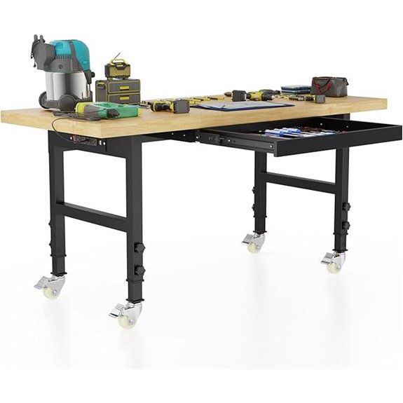60 Adjustable Wooden Workbench with Wheels and Power