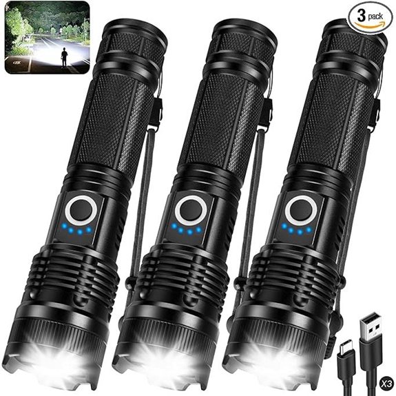 3 Pack Rechargeable LED Flashlights with USB Cable