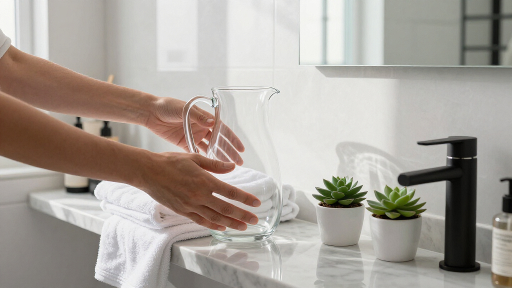 I Put A Glass Pitcher In My Bathroom, And It’s The Chicest Storage Trick