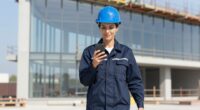 Site manager in a blue hard hat and navy work jacket looking at her smartphone while walking across a construction site